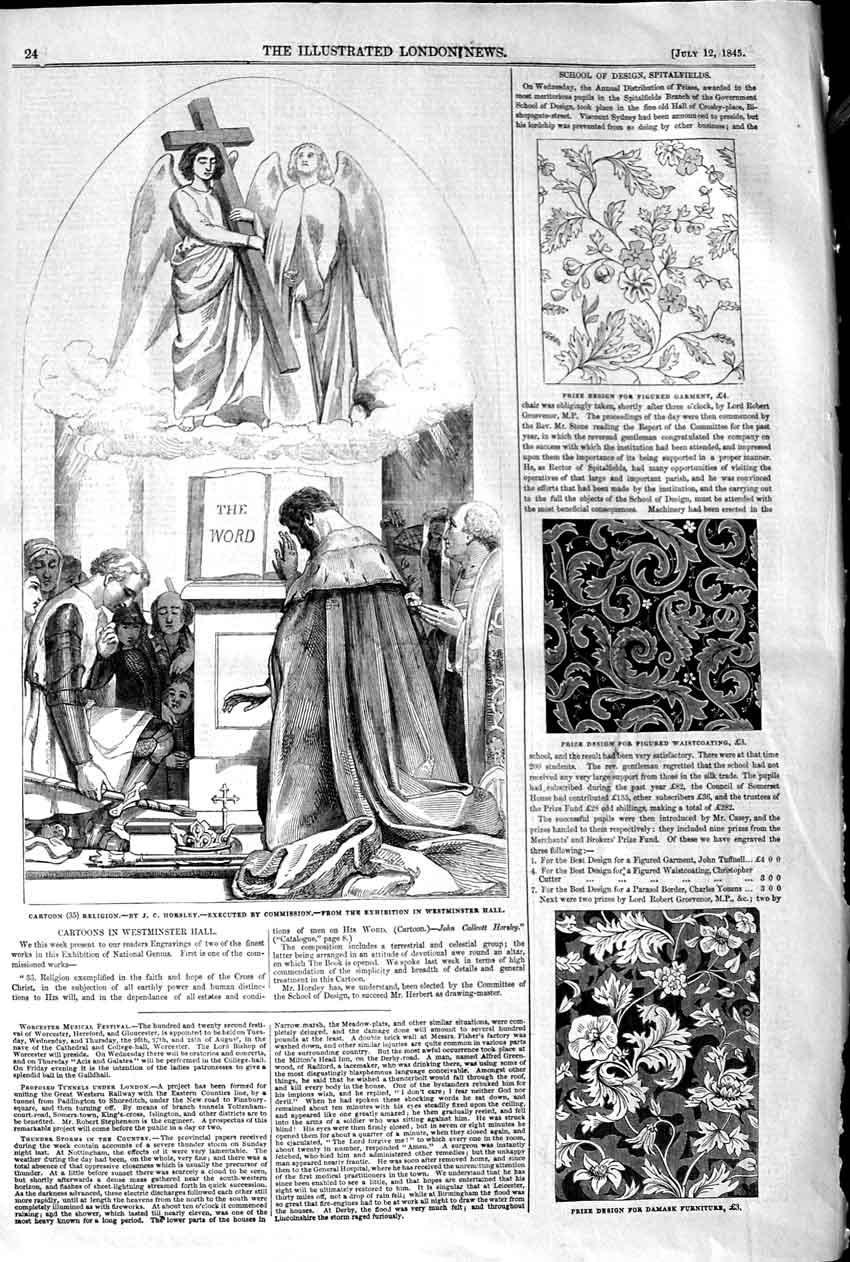 Old Antique Print 1845 Religion Cartoons Westminster Hall Damask Design 19th