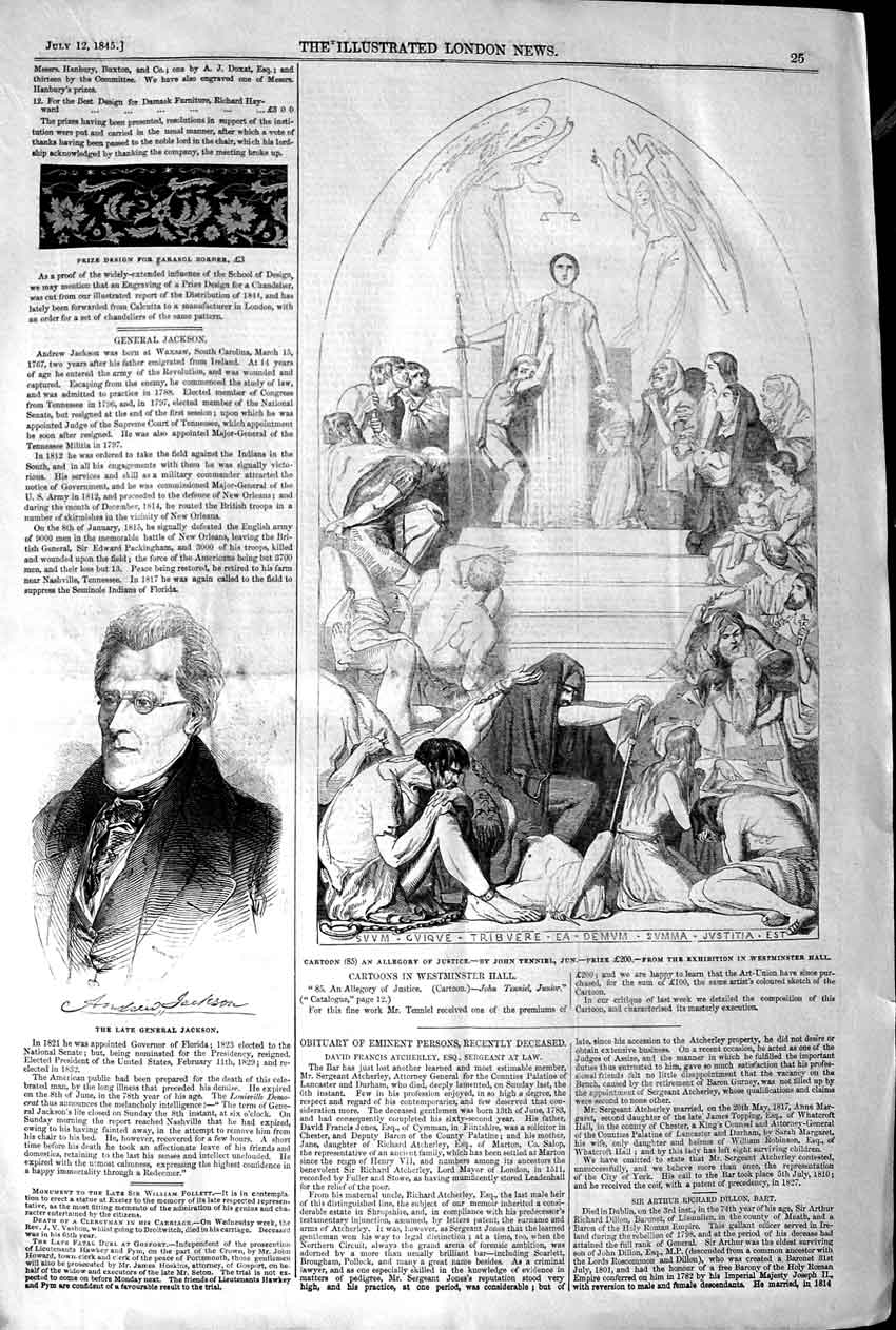 Original Old Antique Print 1845 General Jackson Cartoons Westminster Hall 19th