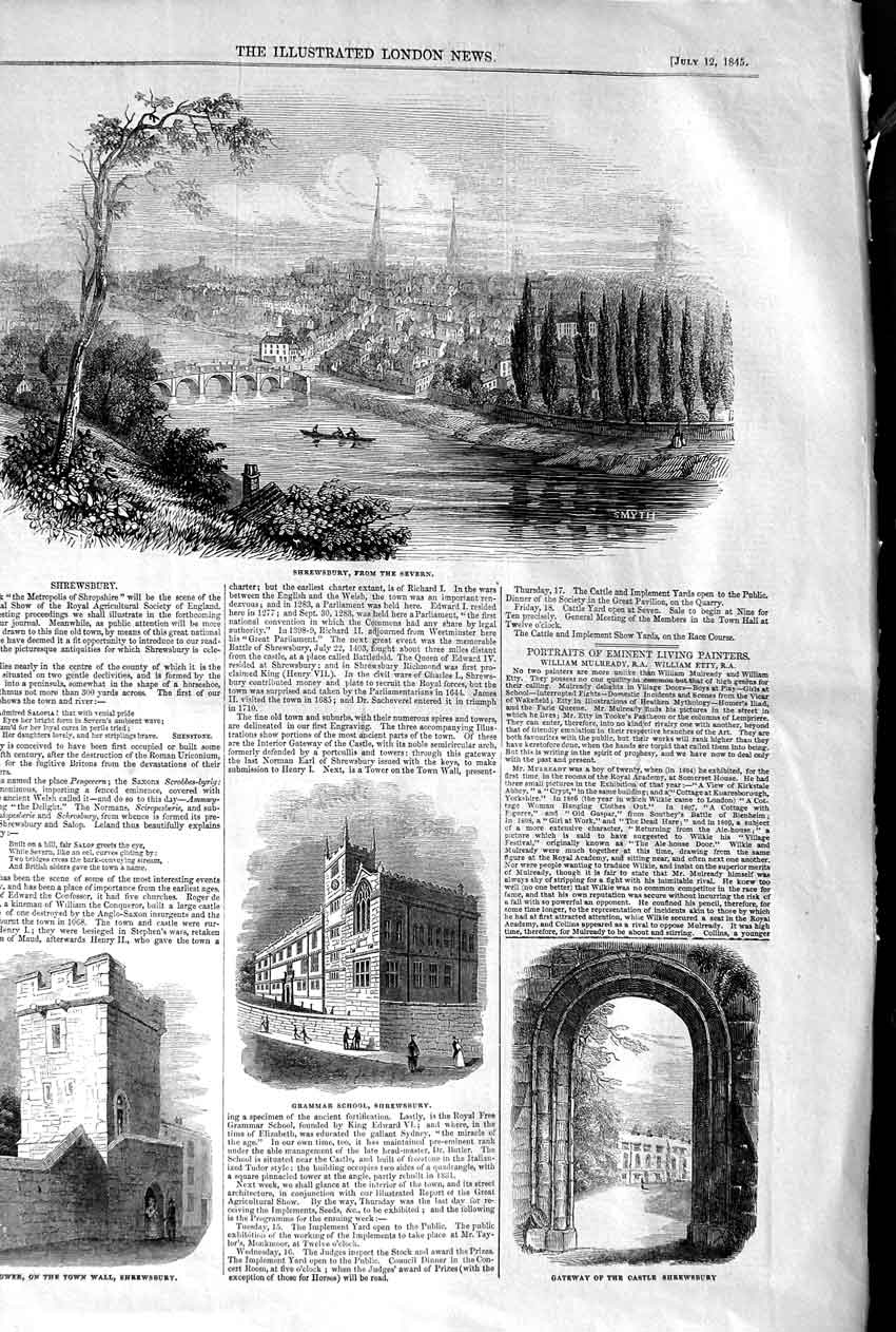 Original Old Antique Print 1845 Shrewsbury River Severn Grammar School Castle