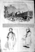 Original Old Antique Print 1845 Market Place Shrewsury Buildings Men Portraits