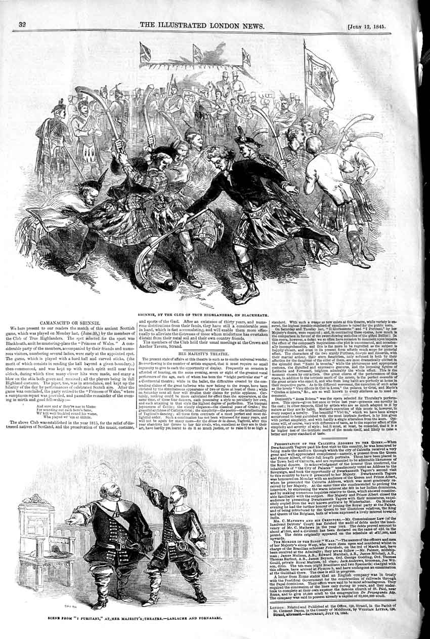 Original Old Antique Print 1845 Shinnie True Highlanders Blackheath Theatre