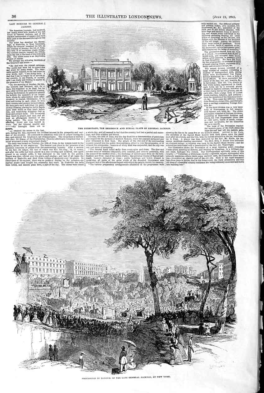Original Old Antique Print 1845 Procession New York General Jackson Hermitage