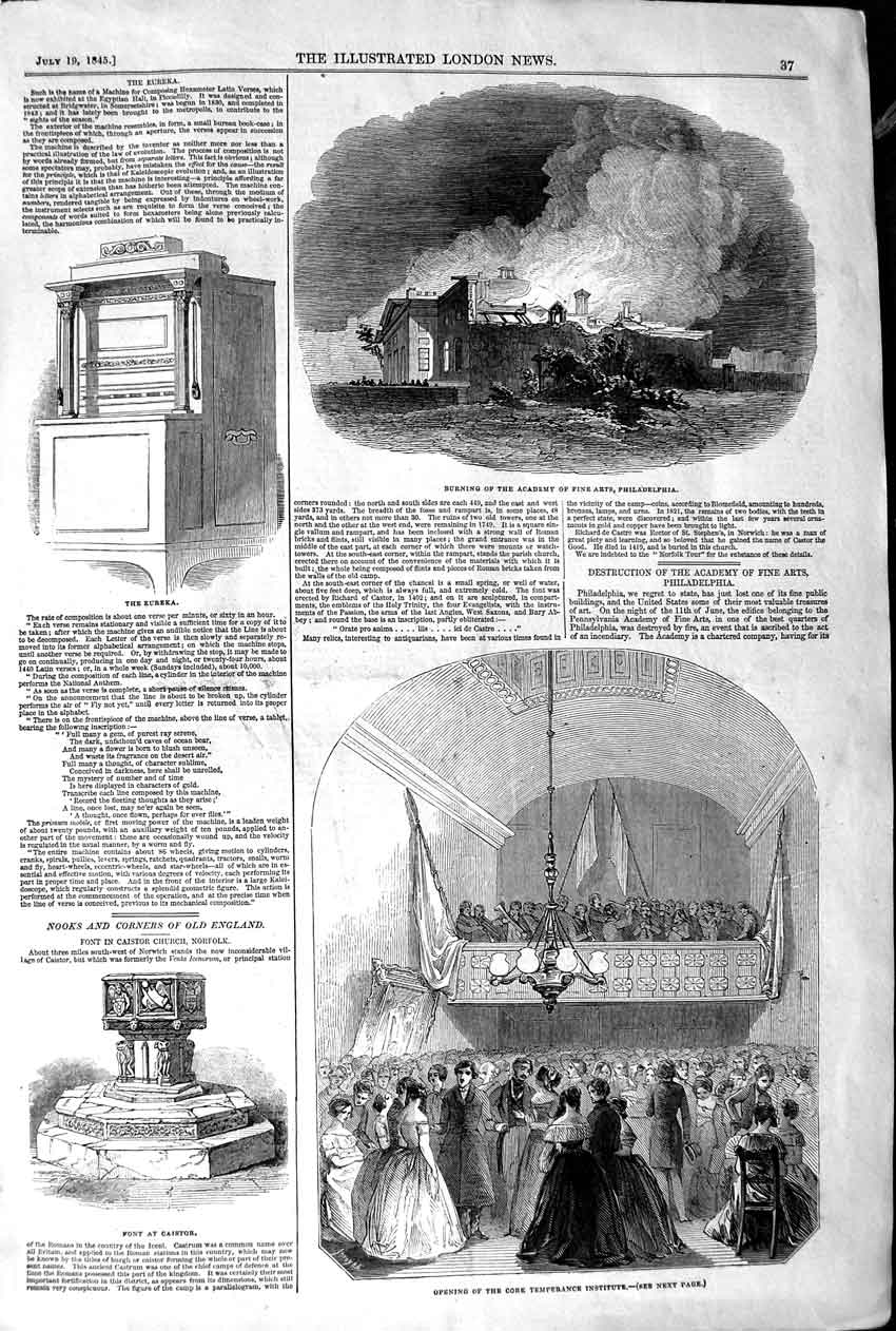 Old Antique Print 1845 Academy Fine Arts Philadelphia Cork Institute Font 19th