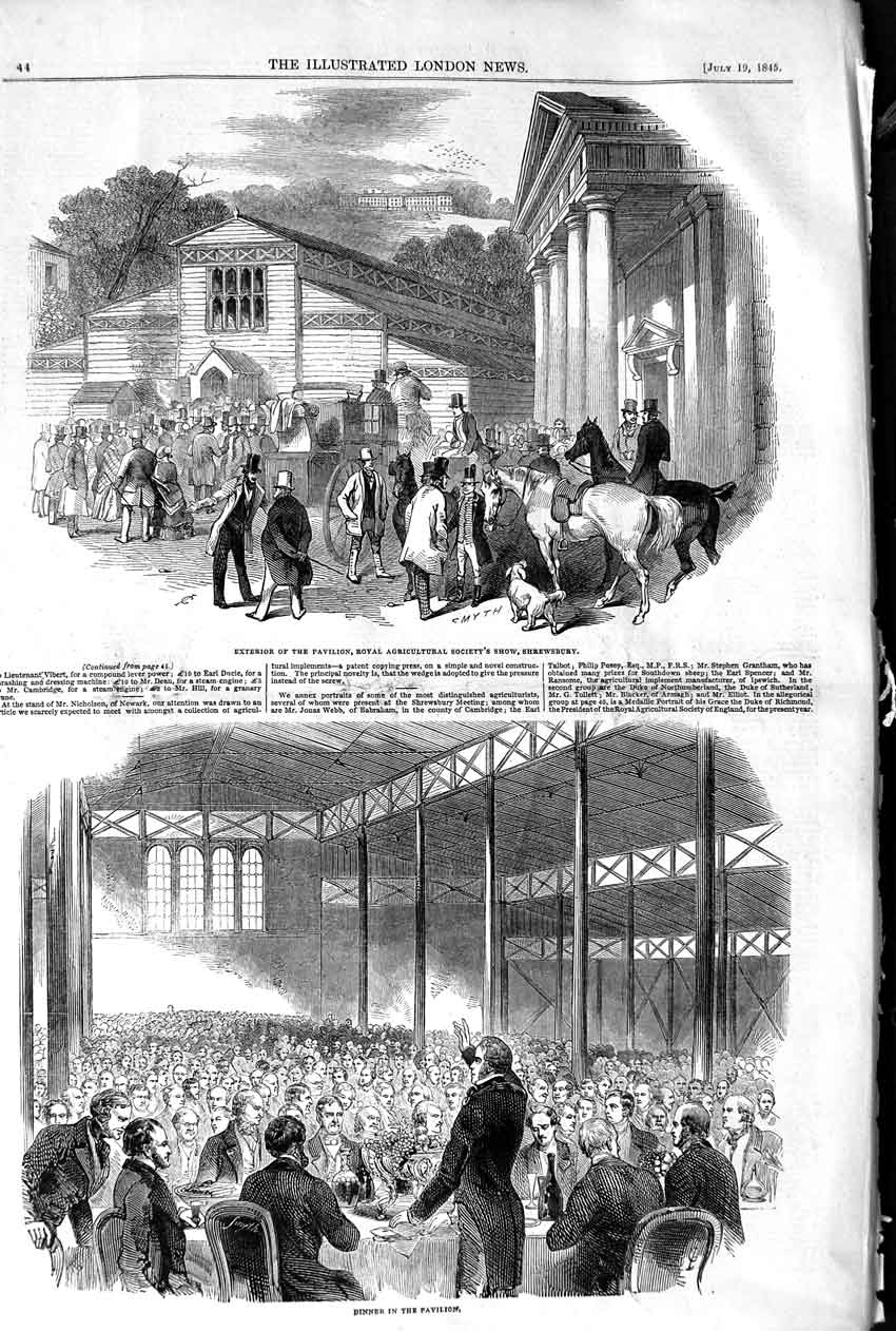 Old Antique Print 1845 Pavilion Royal Agricultural Show Shrewsbury Dinner 19th