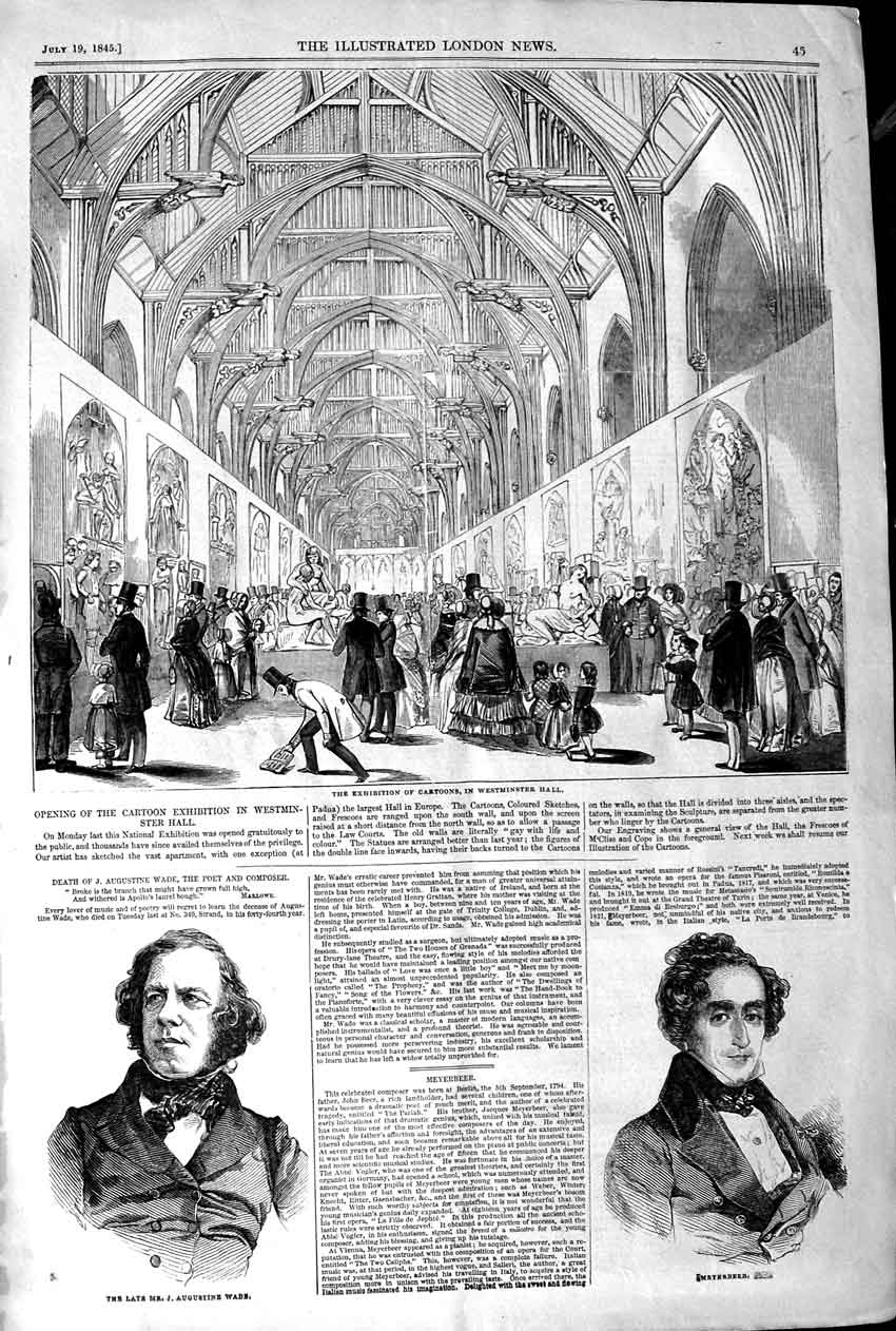Old Antique Print 1845 Exhibition Cartoon Westminster Hall Wade Meyerbeer 19th