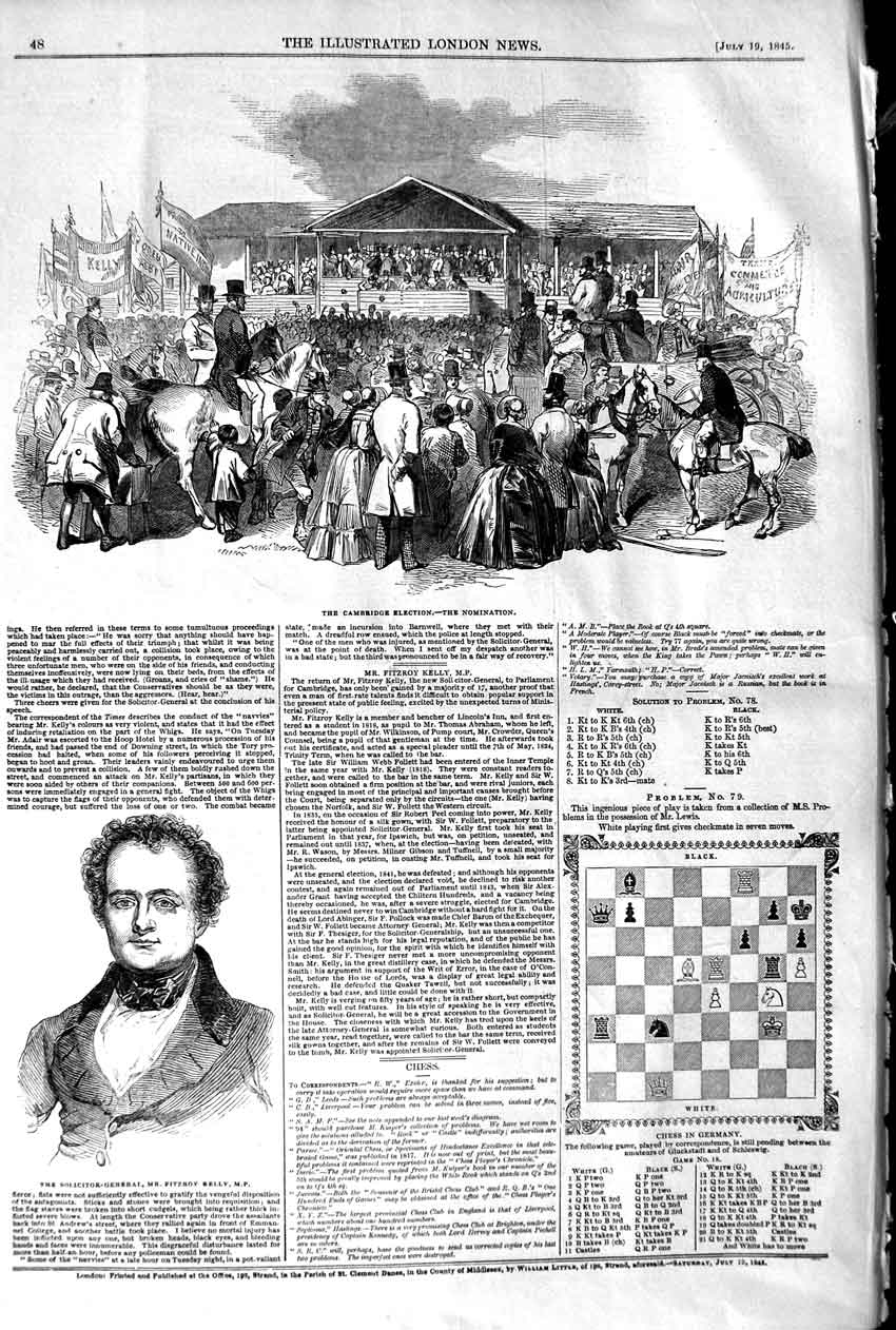 Old Antique Print 1845 Cambridge Election Solicitor-General Fitzroy Kelly 19th