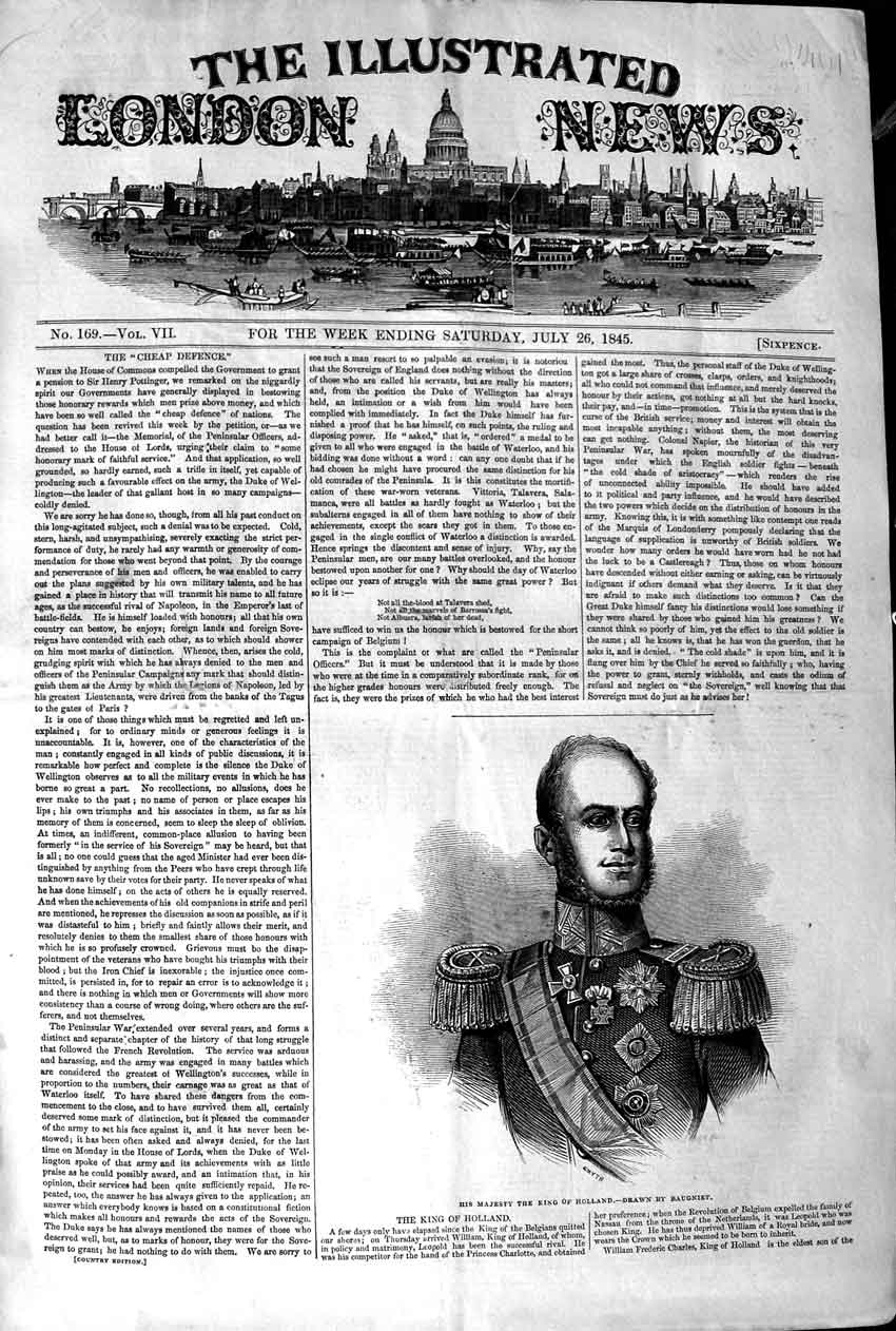Original Old Antique Print 1845 Portrait Majesty King Holland 19th