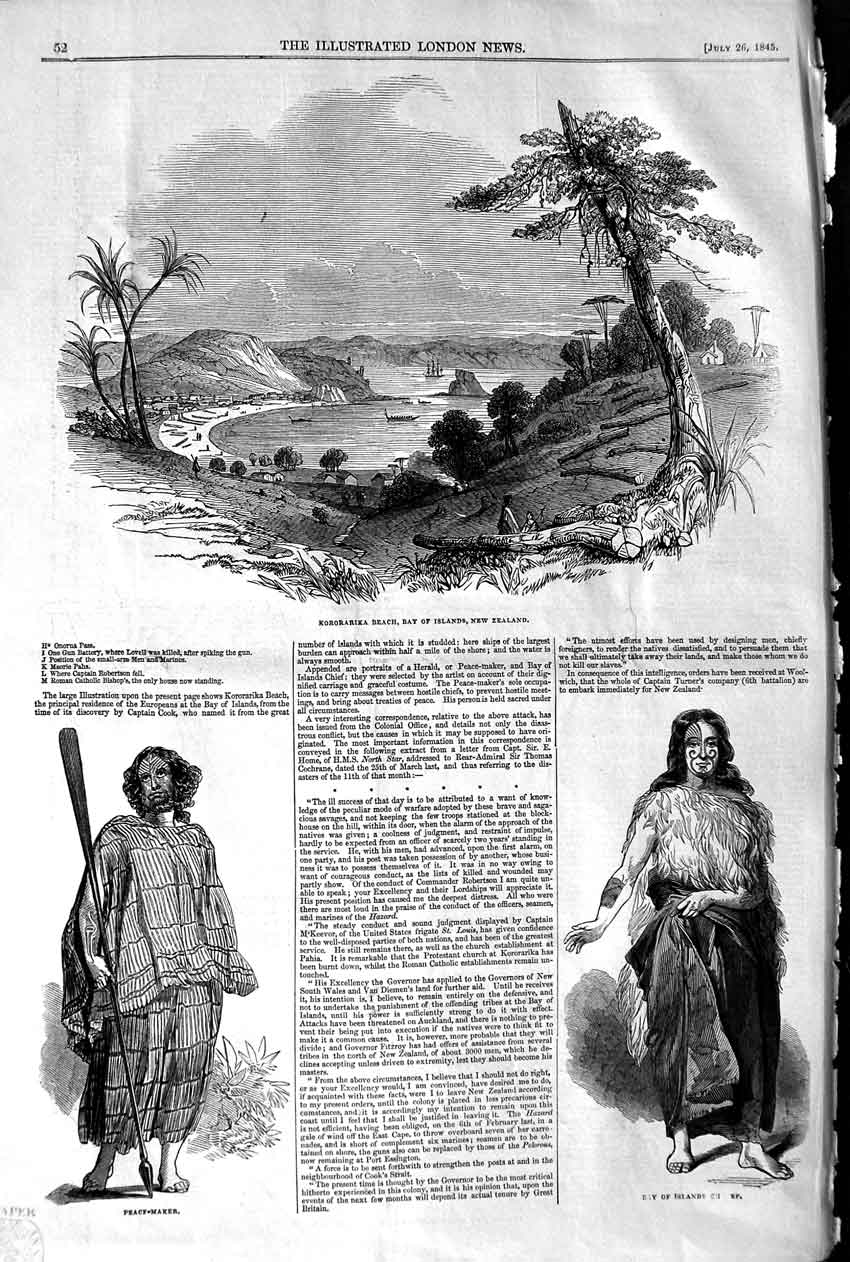 Original Old Antique Print 1845 Korkorarika Beach New Zealand Peace-Maker Chief