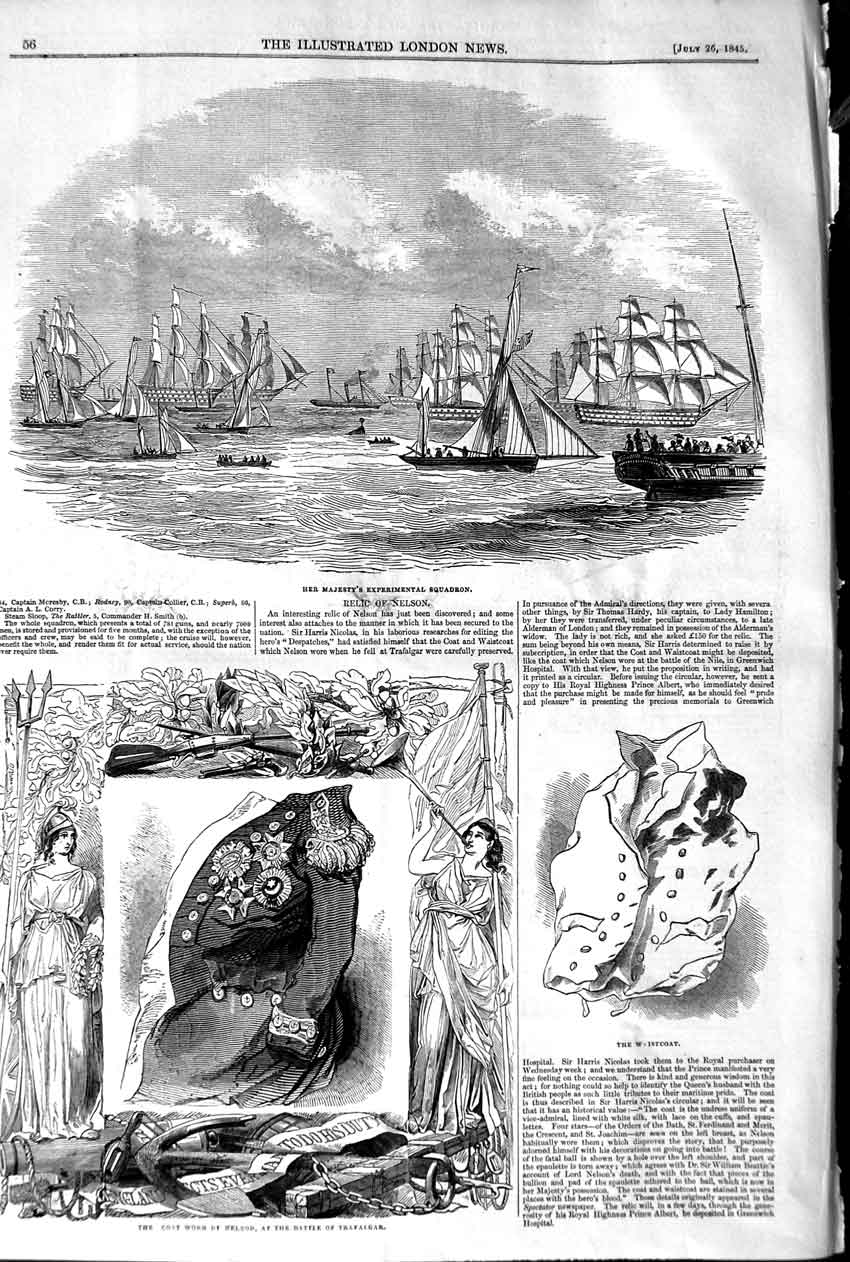 Original Old Antique Print 1845 Queen Ships Battle Trafalgar Nelson Coat Wa 19th