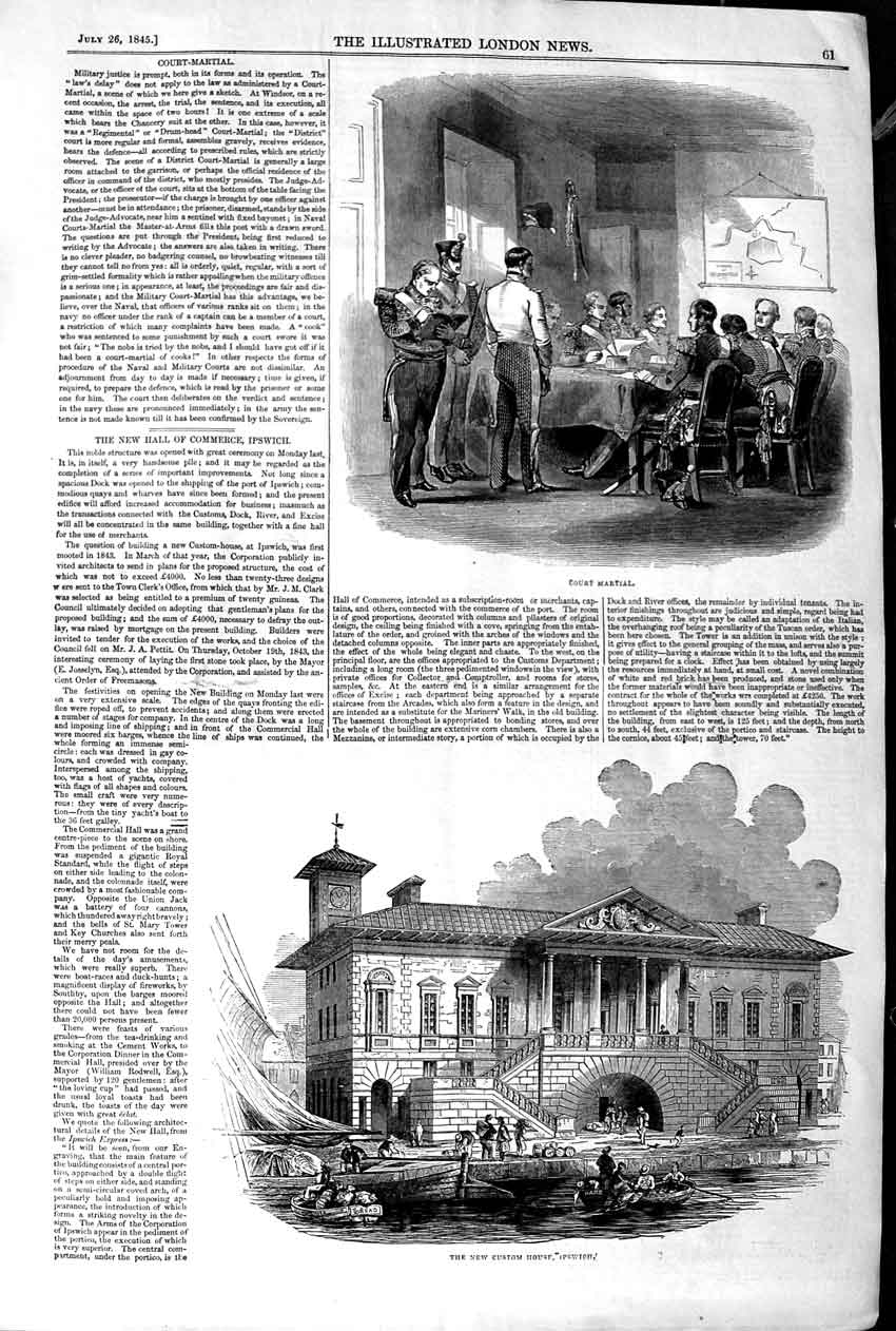 Original Old Antique Print 1845 New Custom House Ipswich Court Martial Scene