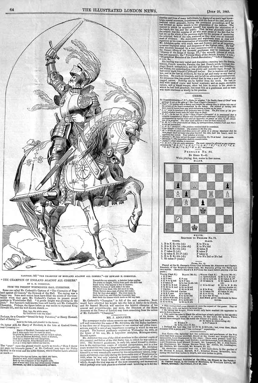 Original Old Antique Print 1845 Cartoon Champion England Knight Armou Victorian