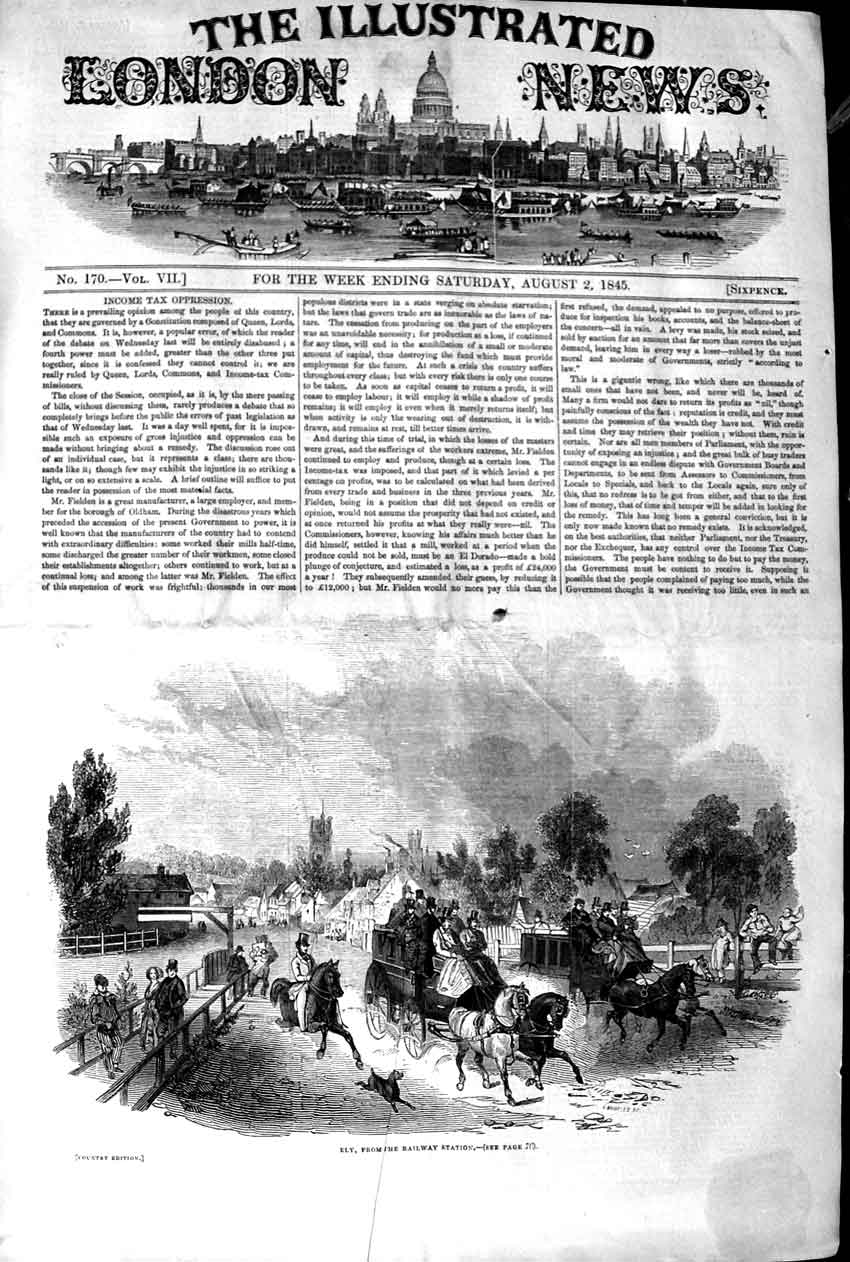 Original Old Antique Print 1845 View Ely Railway Station Horses Coaches 19th