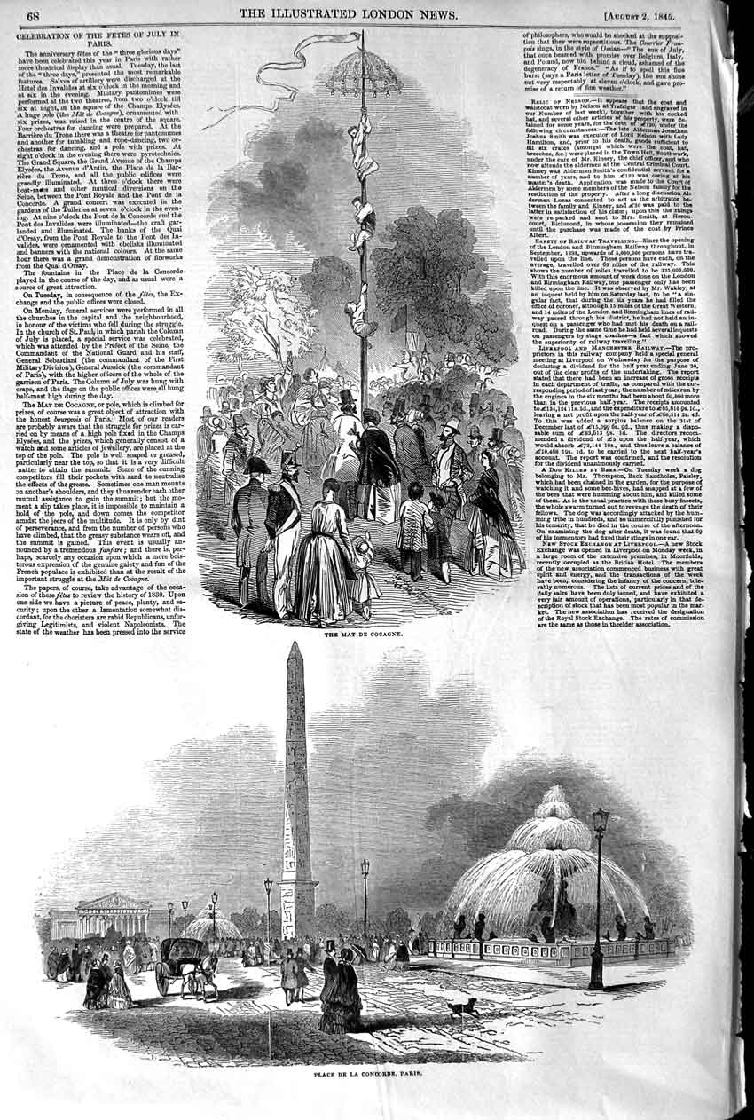 Original Old Antique Print 1845 Place De La Concorde Paris France Mat Victorian