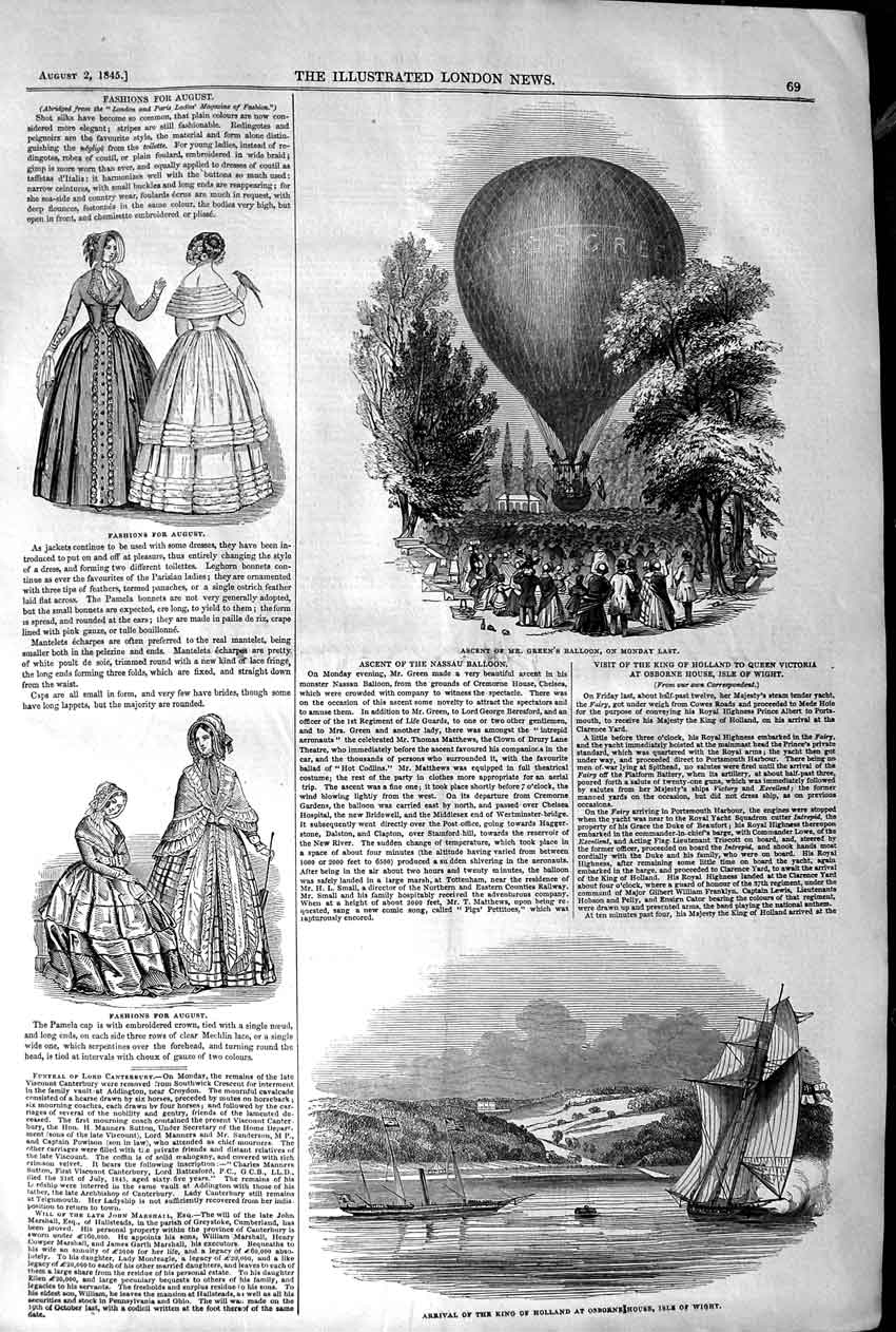 Original Old Antique Print 1845 Ascent Green Balloon King Holland Isle Wight