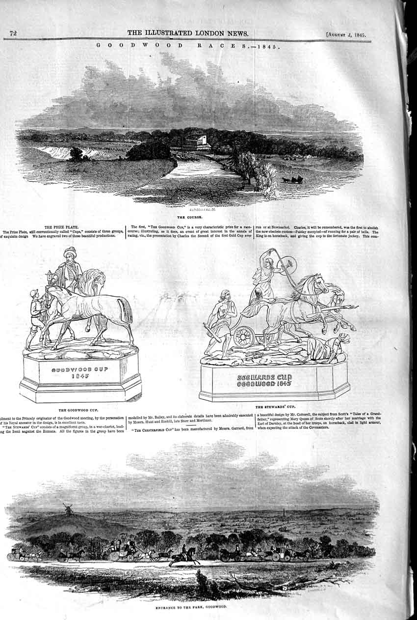 Original Old Antique Print 1845 Goodwood Horse Races Steward'S Cup Cours 19th