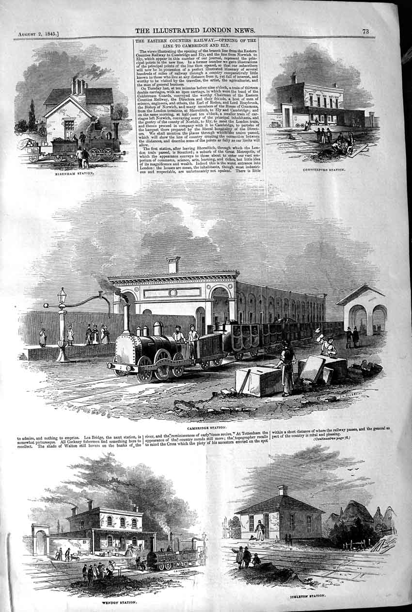 Original Old Antique Print 1845 Cambridge Railway Train Station Ickleton 19th