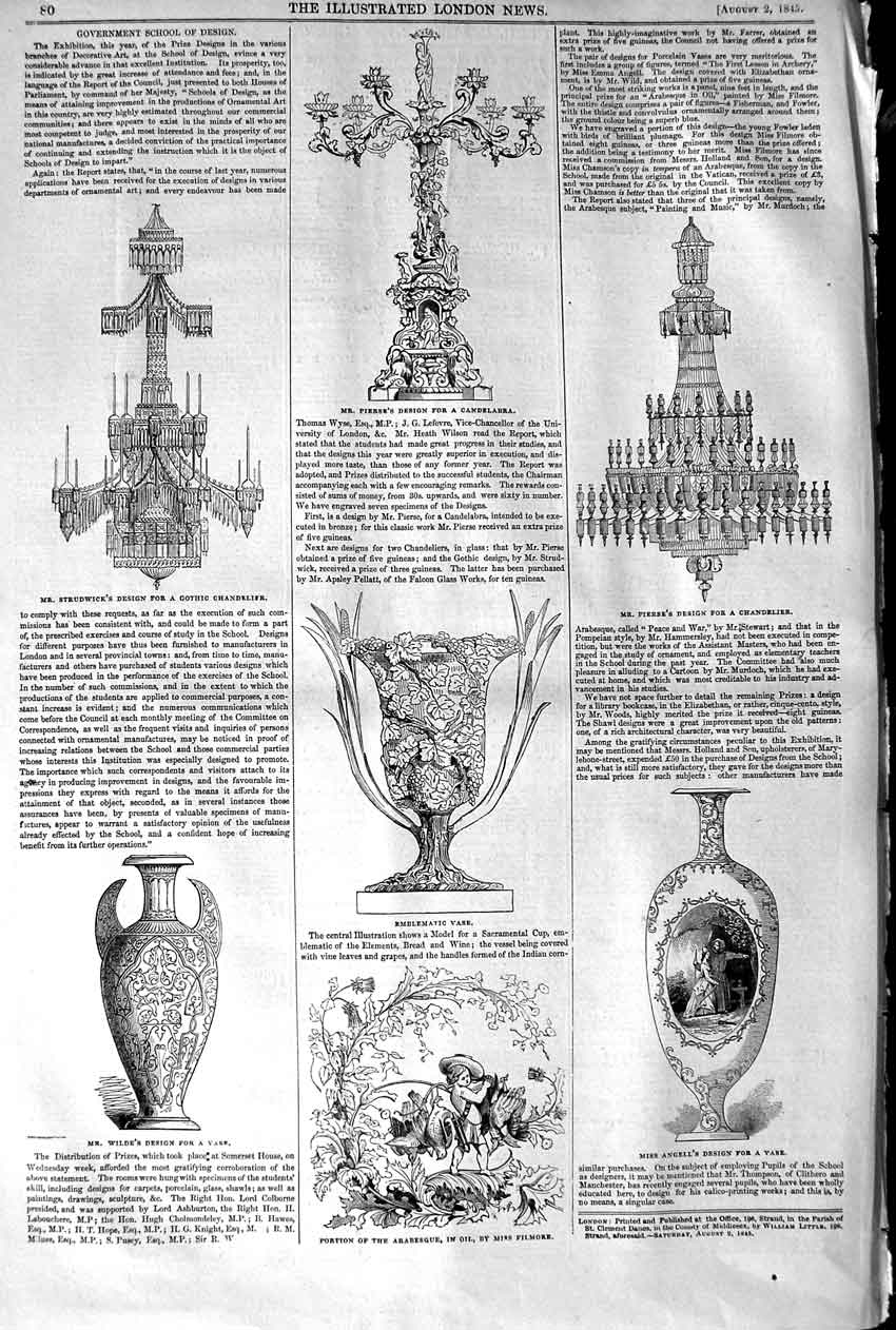 Old Antique Print 1845 Wilde Vase Strudwick Gothic Candelabra Chandelier 19th