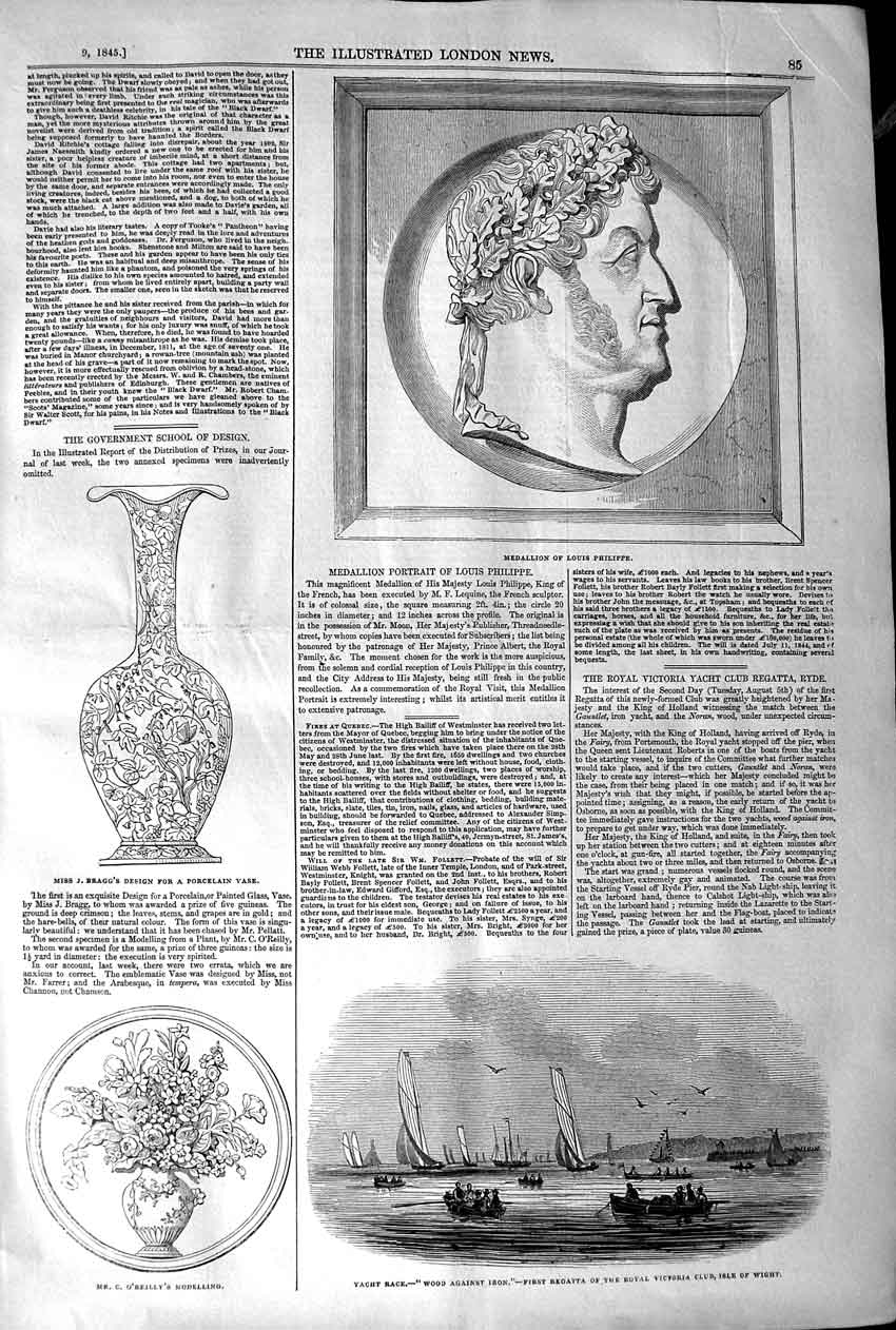 Original Old Antique Print 1845 Medallion Louis Philippe Bragg Vase Yach 19th