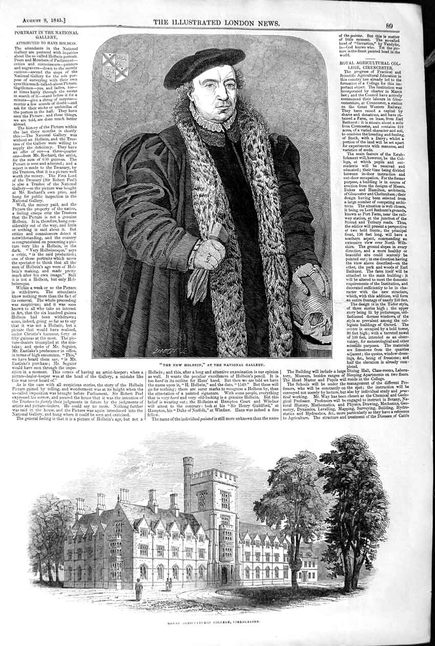 Old Antique Print 1845 Royal Agricultural College Cirencester Ne Holbein 19th
