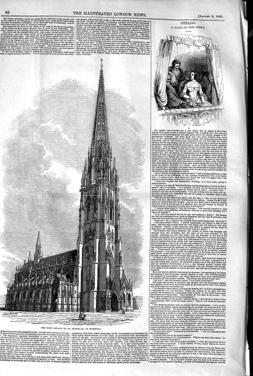 Original Old Antique Print 1845 Church St. Nicholas Hamburg Otello Opera Box