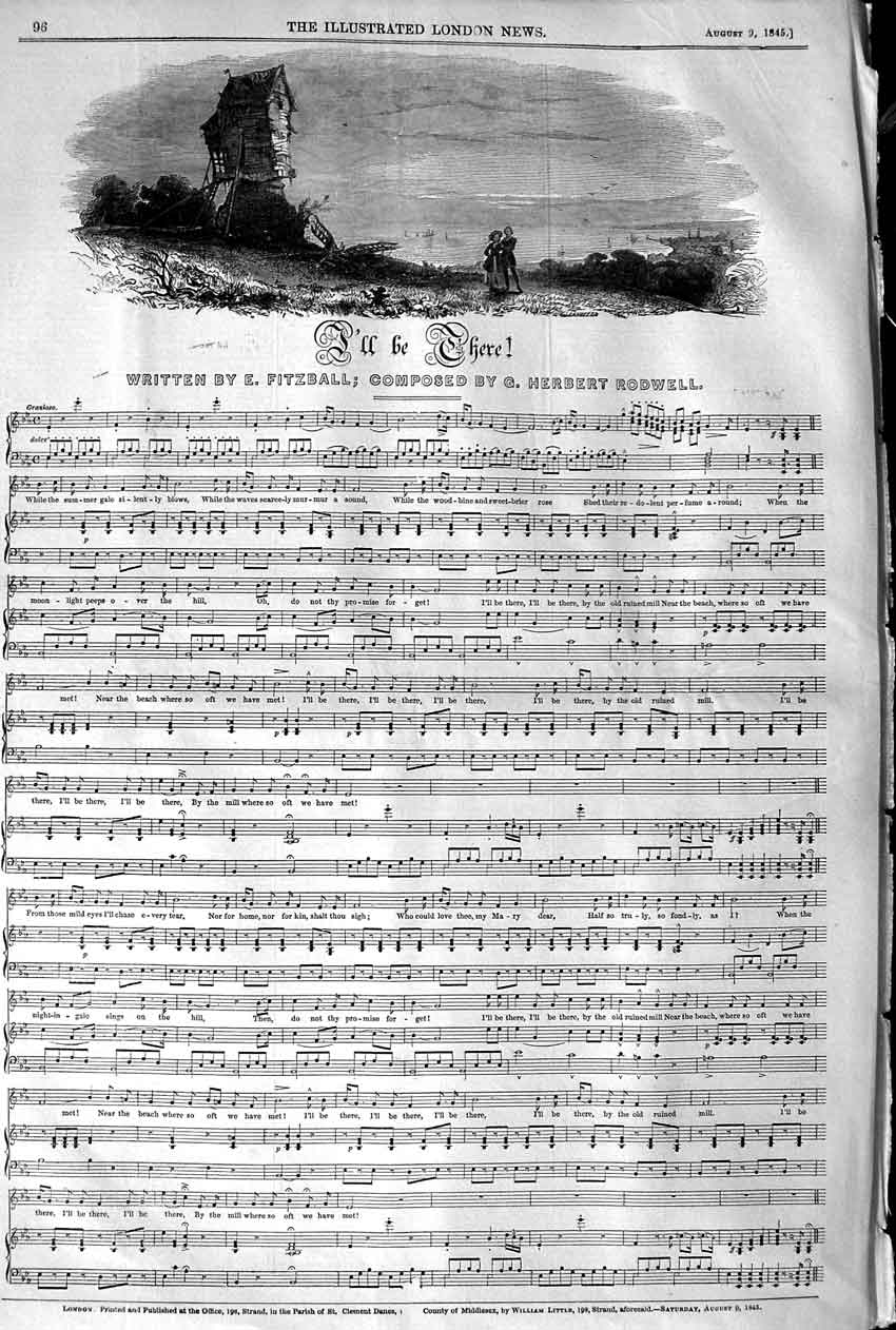 Old Antique Print 1845 Sheet Music I'Ll Be There Fitzball Herbert Rodwell 19th