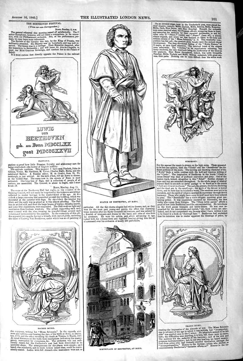 Original Old Antique Print 1845 Statue Beethoven Bonn Sacred Music S Victorian