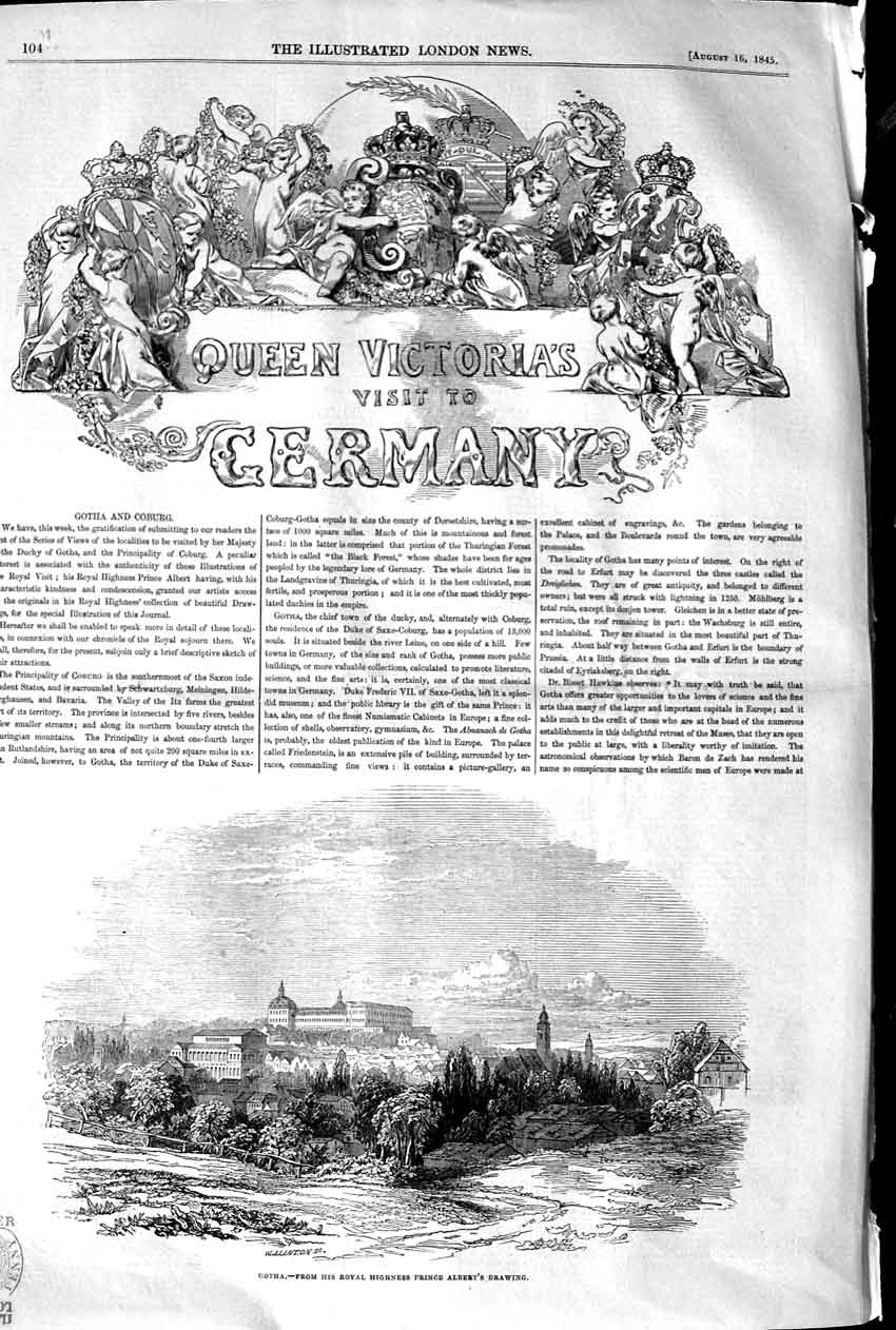 Original Old Antique Print 1845 Queen Victoria Germany Gotha Schloss Ka 19th