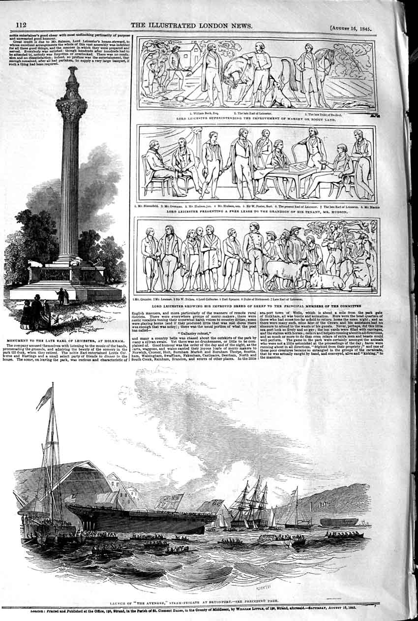 Original Old Antique Print 1845 Monument Earl Leicester Holkham Ship Victorian