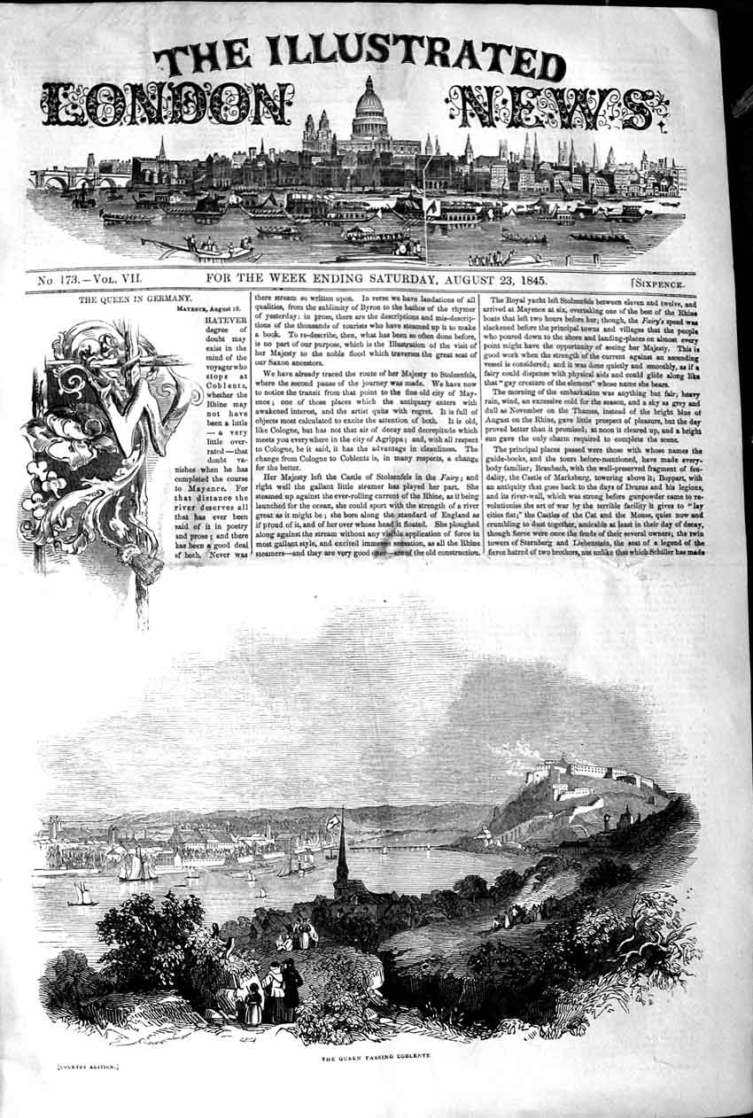 Old Antique Print 1845 Scene Queen England Royal Yacht Passing Coblentz 19th
