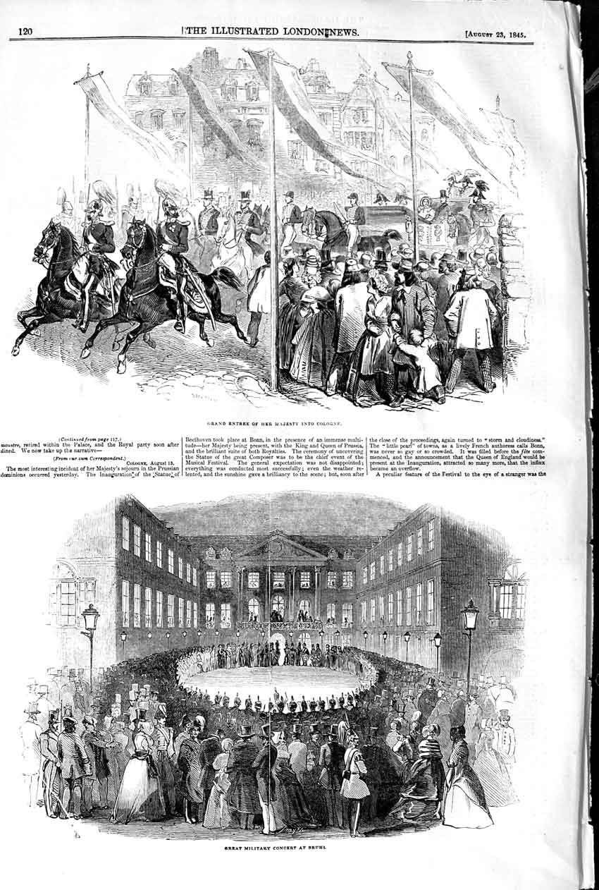 Old Antique Print 1845 Great Military Concert Bruhl Queen Cologne Horses 19th
