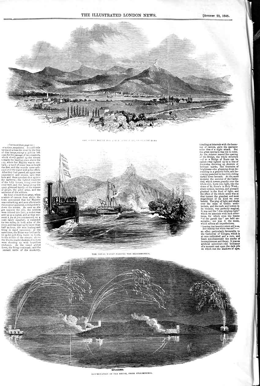 Old Antique Print 1845 Seven Mount Godesberg Royal Yacht Stolzenfels Ship 19th