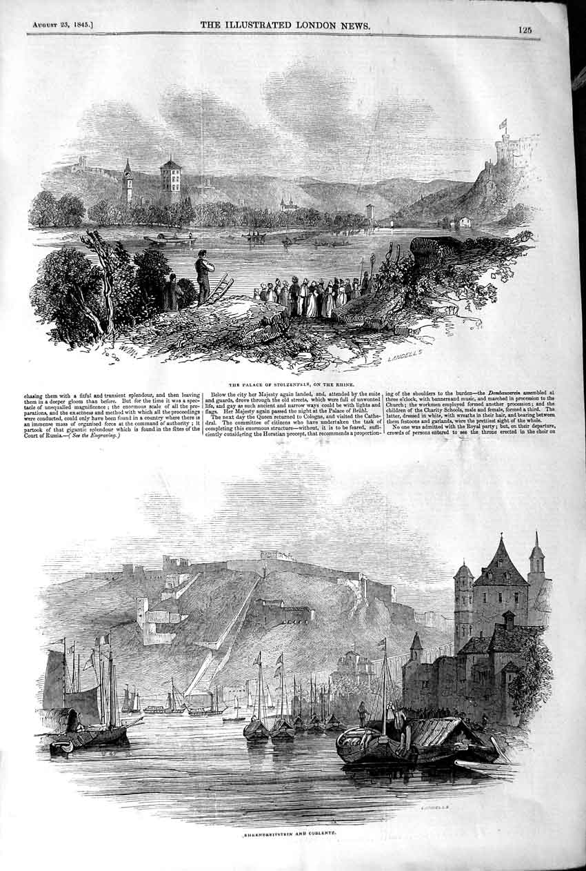 Antique Print *3157 1845 Palace Stolzenfels Rhine Ehrenbreitstein Coblentz