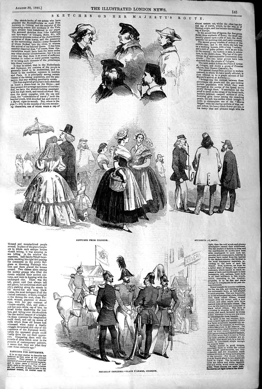 Original Old Antique Print 1845 Prussian Officers Cologne Students Bonn Germany