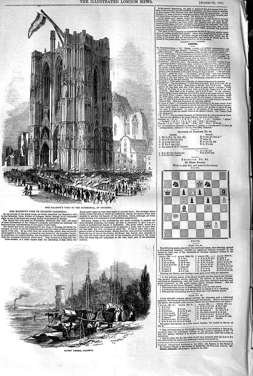 Original Old Antique Print 1845 Majesty Queen Cathedral Cologne Bayen Thurm