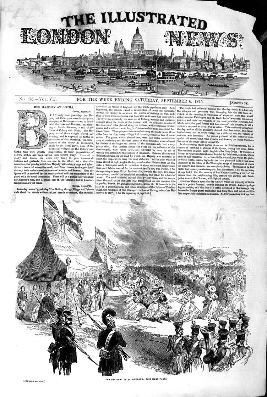Original Old Antique Print 1845 View Festival St. Gregory People Dancing 19th