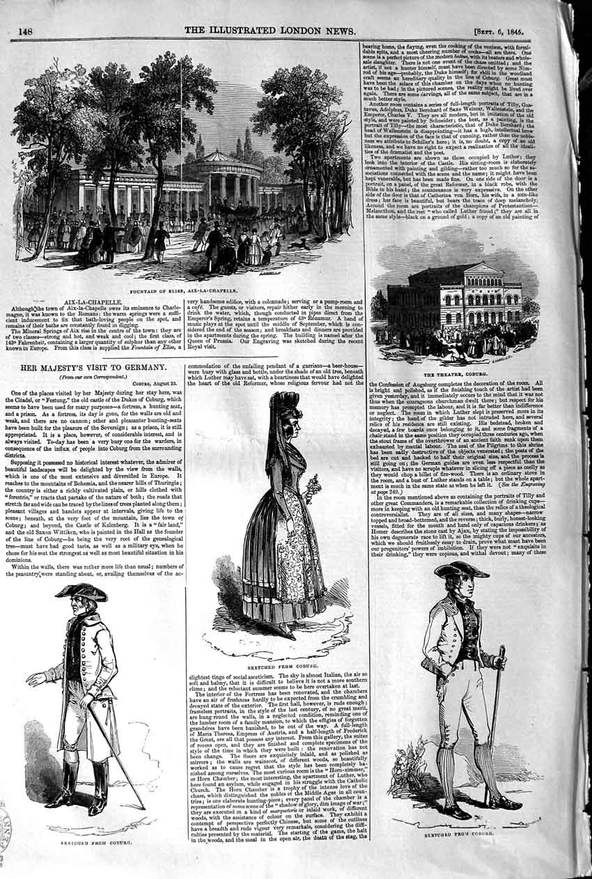 Original Old Antique Print 1845 Fountain Elise Aix-La-Chapelle Coburg Victorian