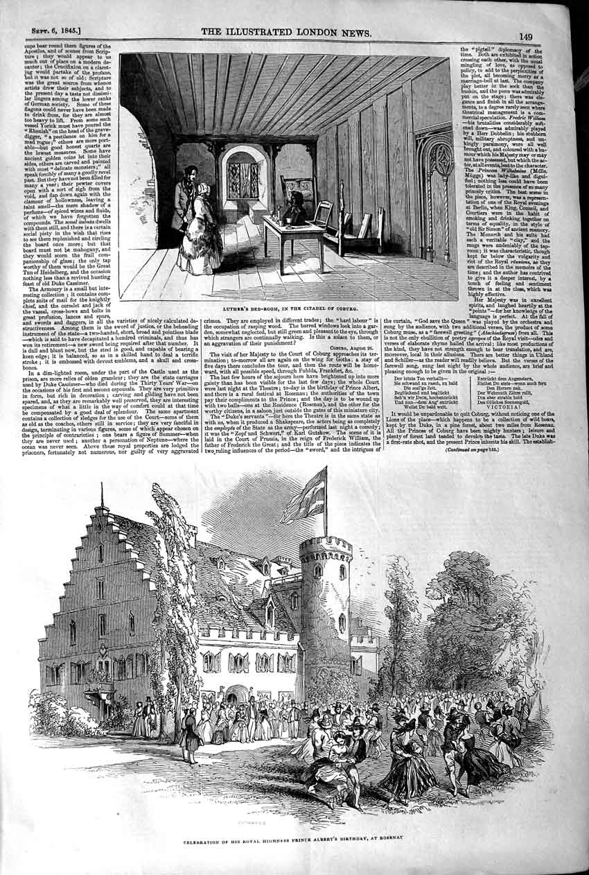 Original Old Antique Print 1845 Luther Bed Room Citadel Coburg Rosenau Prince