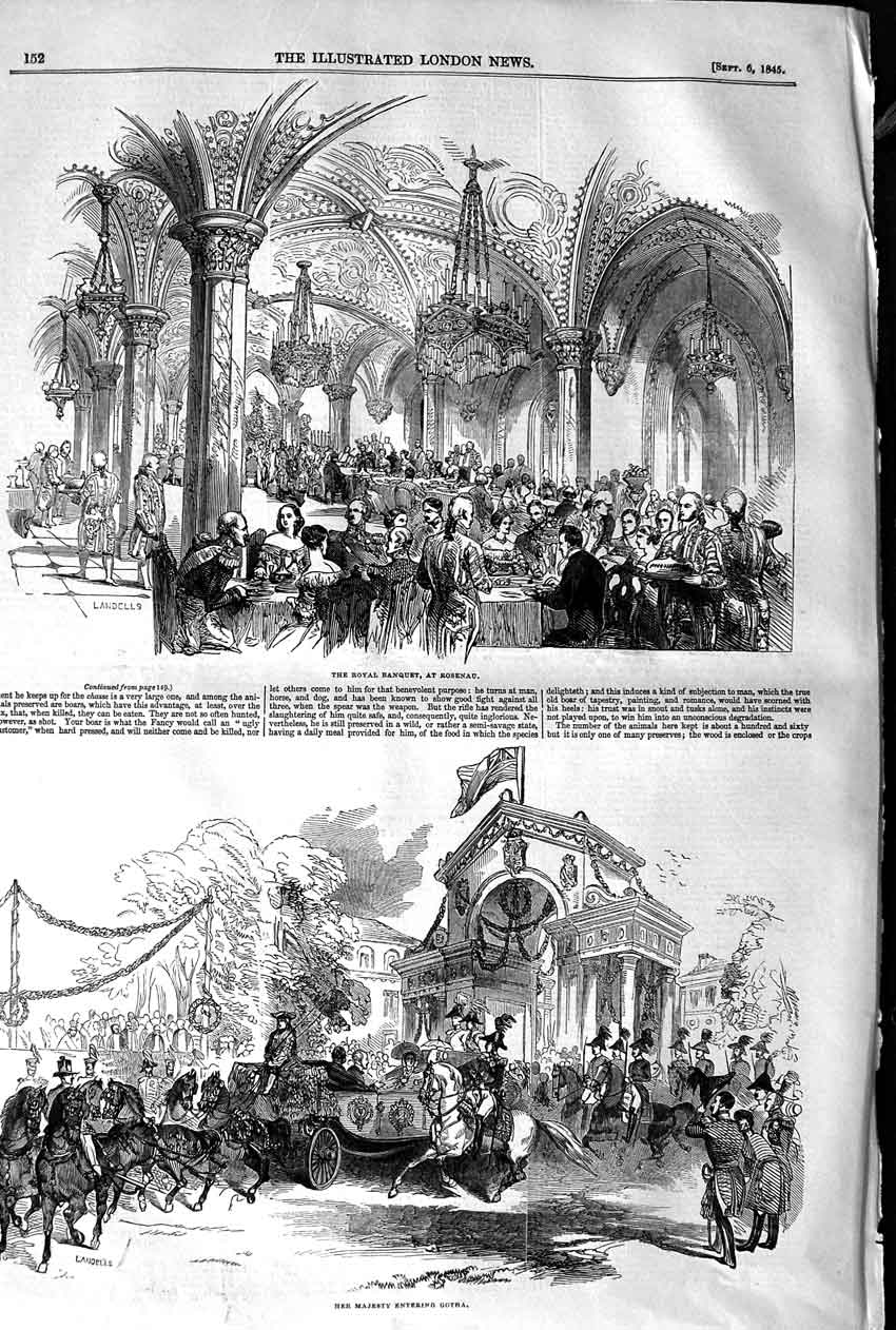 Old Antique Print 1845 Royal Banquet Rosenau Majesty Gotha Horses Coach 19th