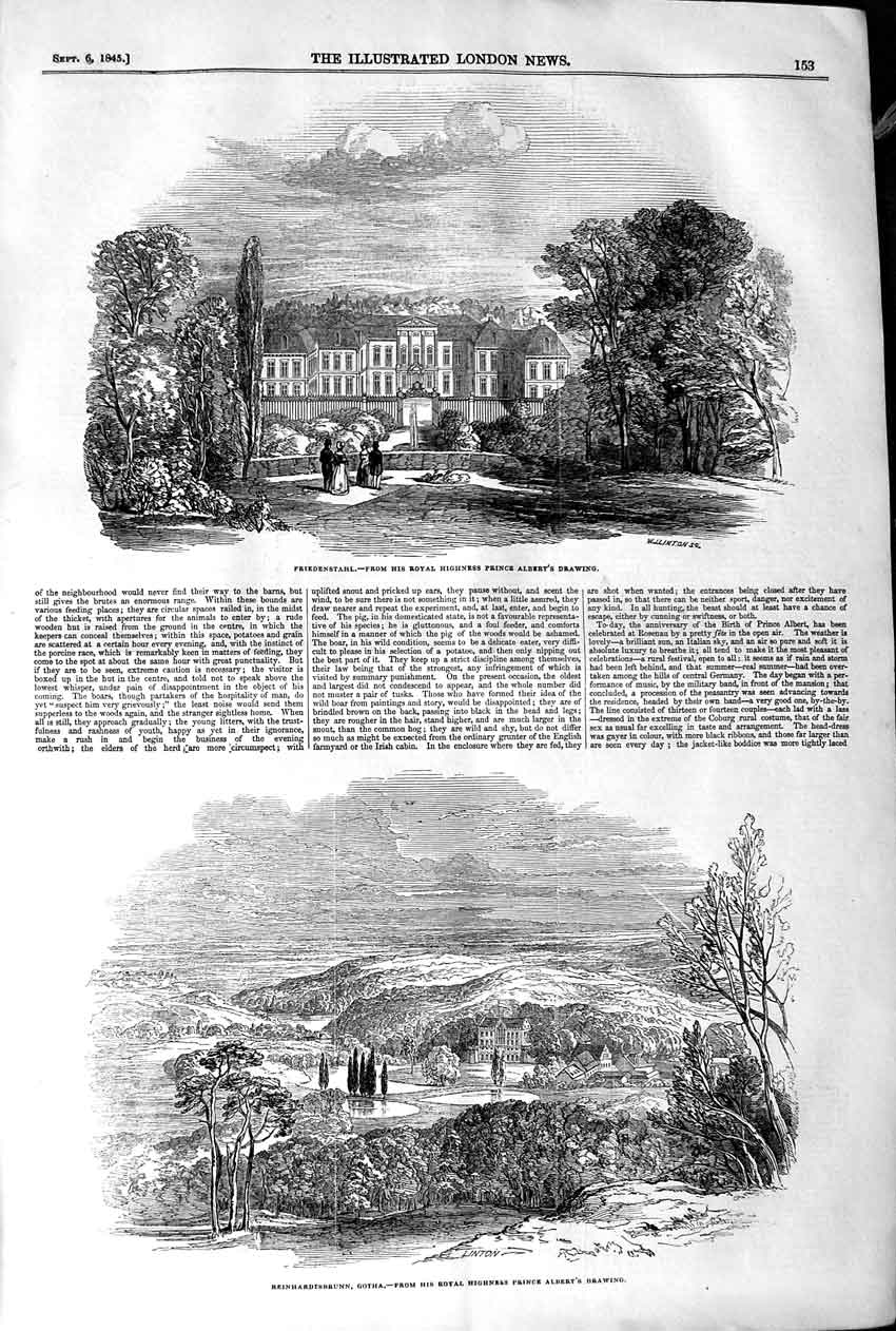 Original Old Antique Print 1845 Friedenstahl Reinhardtsbrunn Gotha Mo Victorian