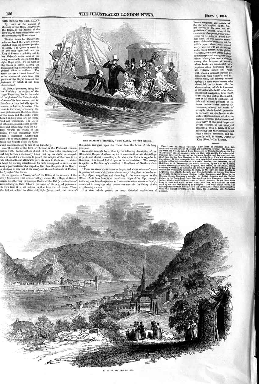 Original Old Antique Print 1845 Majesty Steamer Fairy Rhine St. Goar Mo 19th