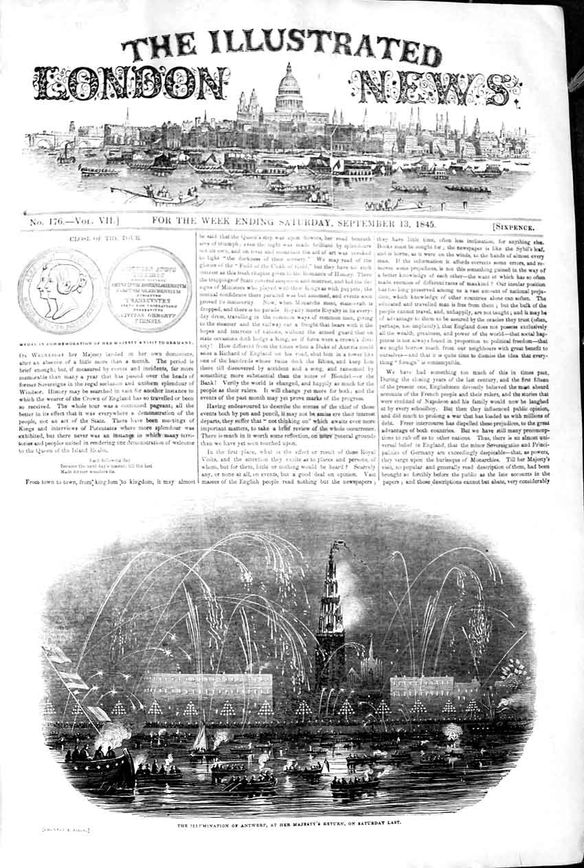 Original Old Antique Print 1845 Illuminations Antwerp Queen Boats Fine Art 19th