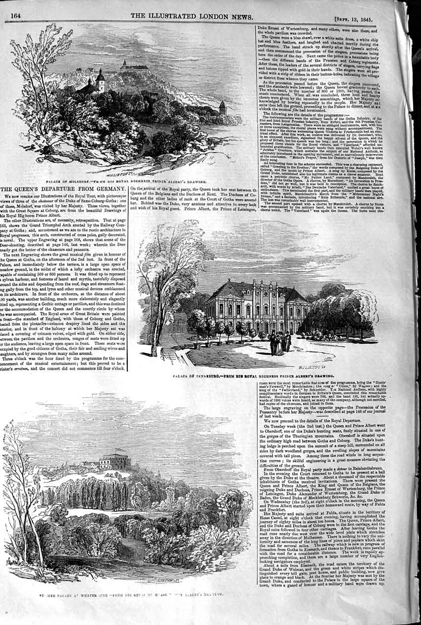 Old Antique Print 1845 Palace Tenneburg Wurtemburg Prince Albert Drawing 19th