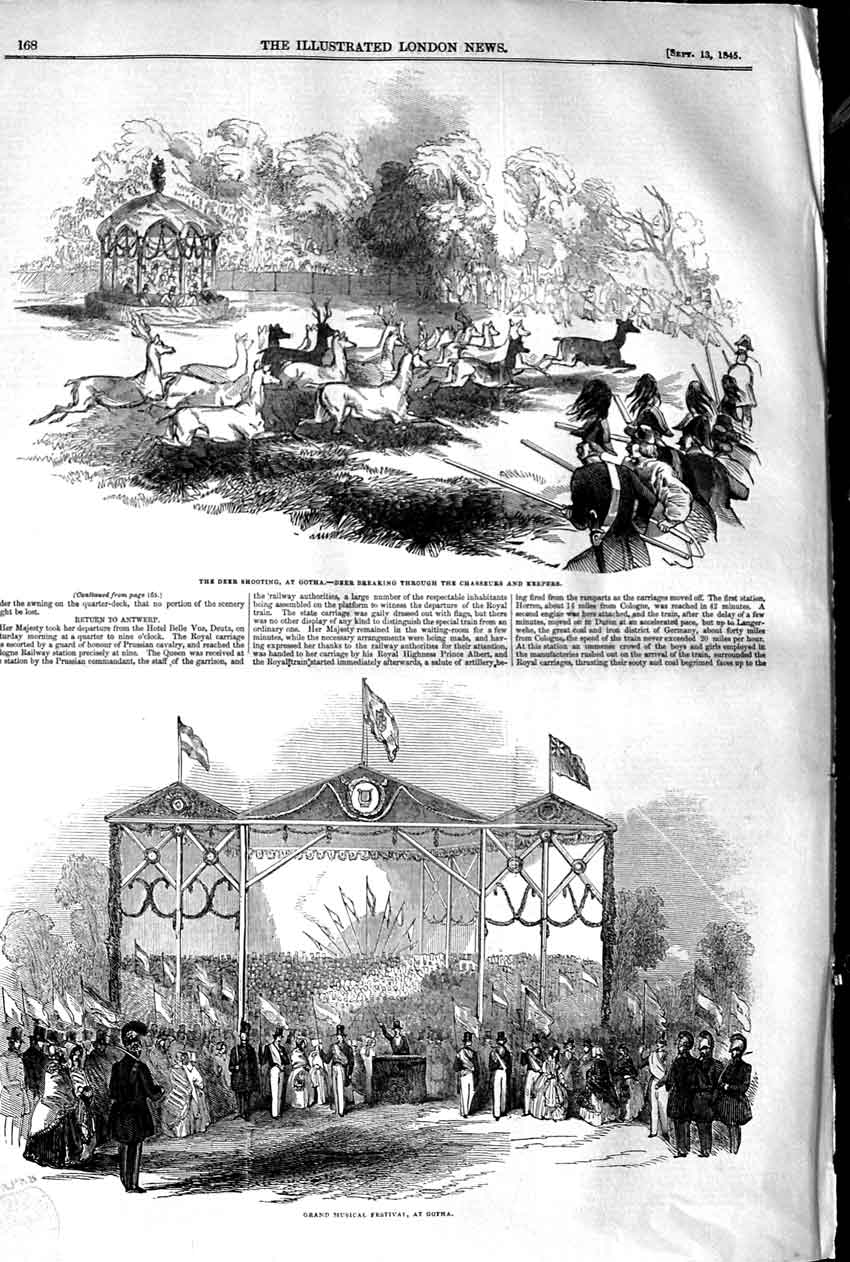 Old Antique Print 1845 Grand Musical Festival Gotha Deer Shooting Sport 19th
