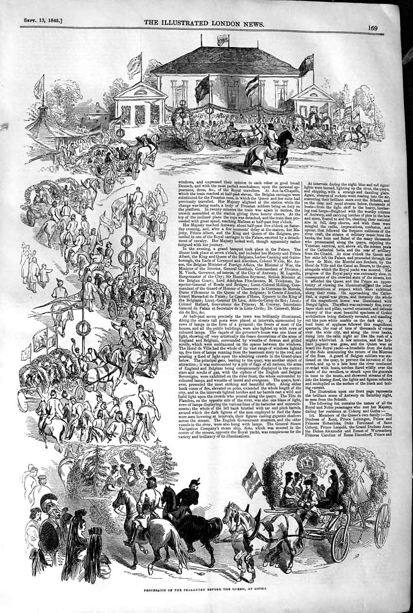 Original Old Antique Print 1845 Procession Peasantry Queen Gotha Horses 19th