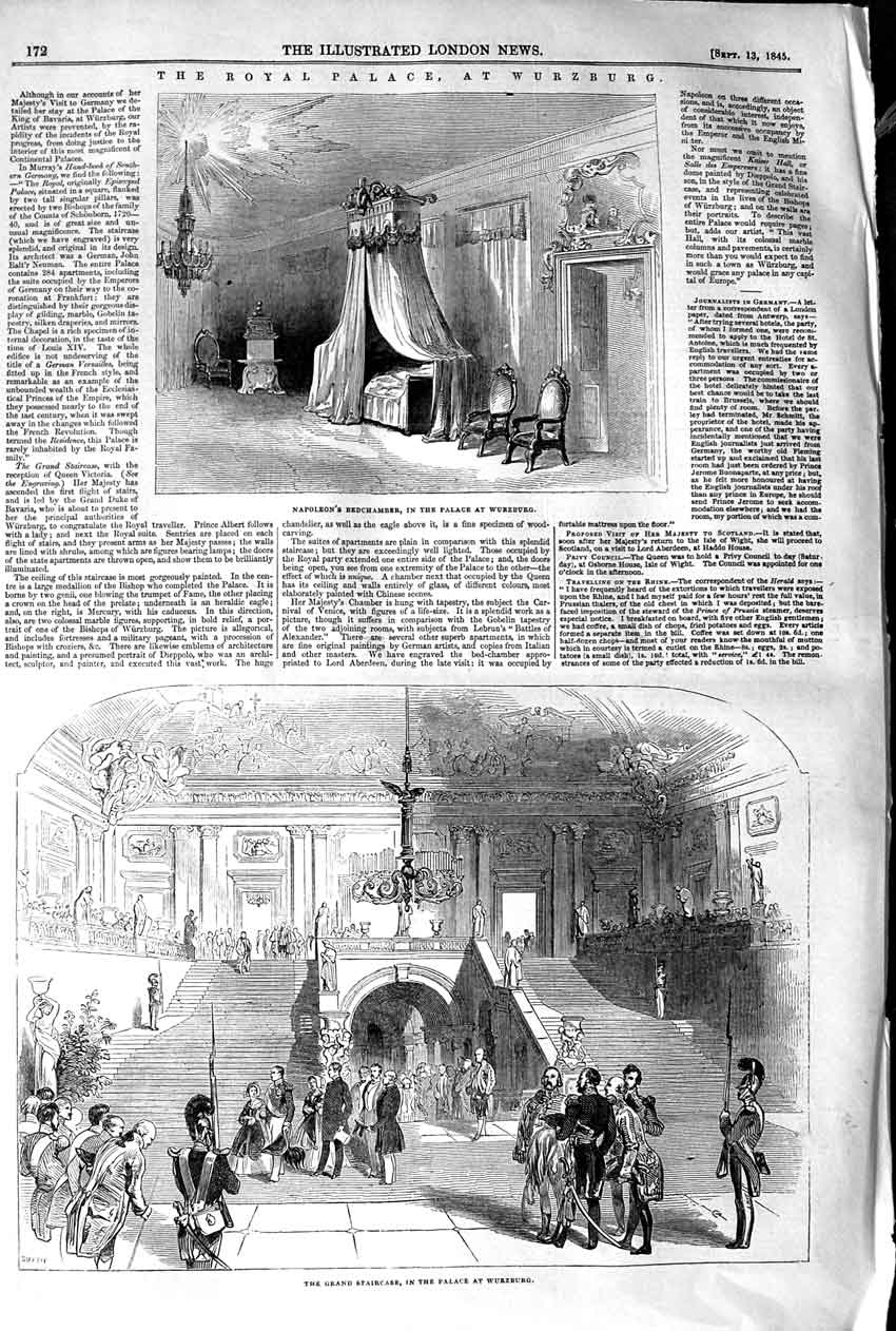 Old Antique Print 1845 Napoleon'S Bedchambers Palace Wurzburg Staircase 19th
