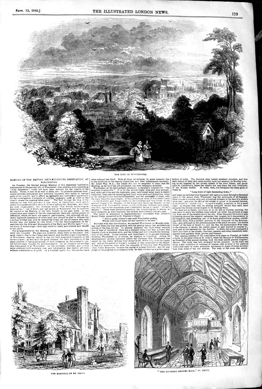 Old Antique Print 1845 City Winchester Hospital St. Cross Hundred Mennes 19th