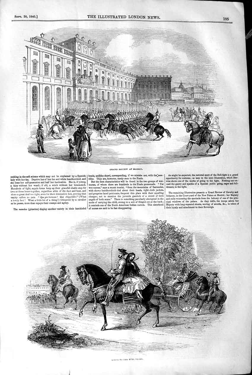 Original Old Antique Print 1845 Grand Review Madrid Spain Siers People Horses
