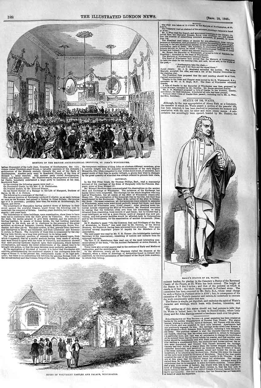 Original Old Antique Print 1845 Ruins Wolvesley Castle Winchester Statue Watts