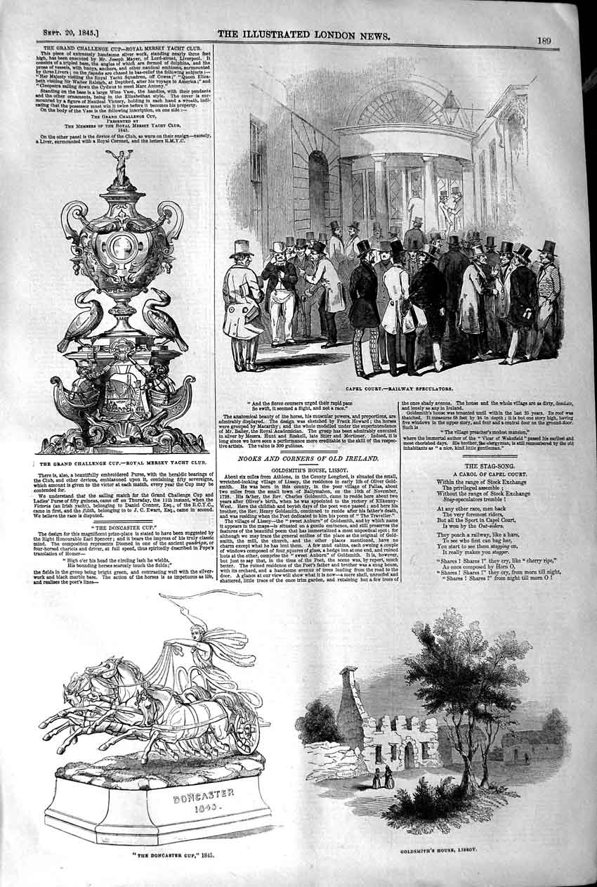 Original Old Antique Print 1845 Capel Court Railway Gsmith Lissoy Challenge Cup