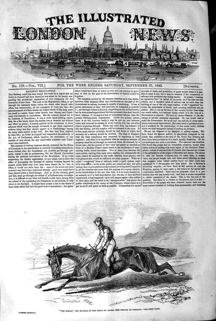 Original Old Antique Print 1845 Baron Horse Winner Great St. Leger Jockey Sport
